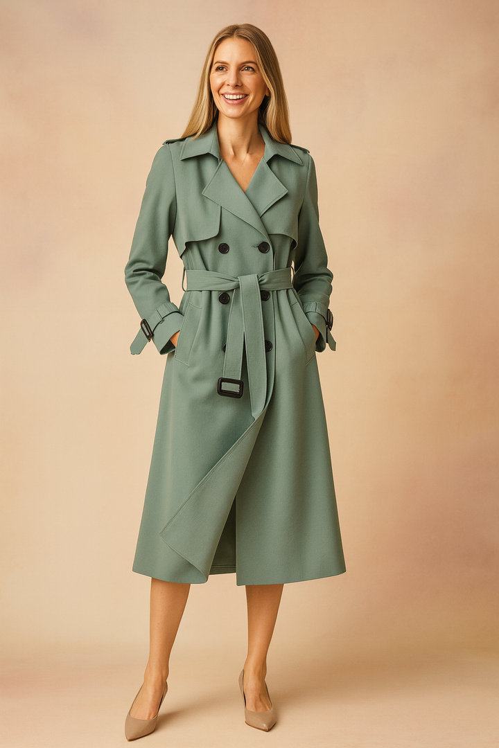 Tailored women's trench coat, belted for flattering fit. Wide lapel classic outerwear. Versatile for work & casual wear.