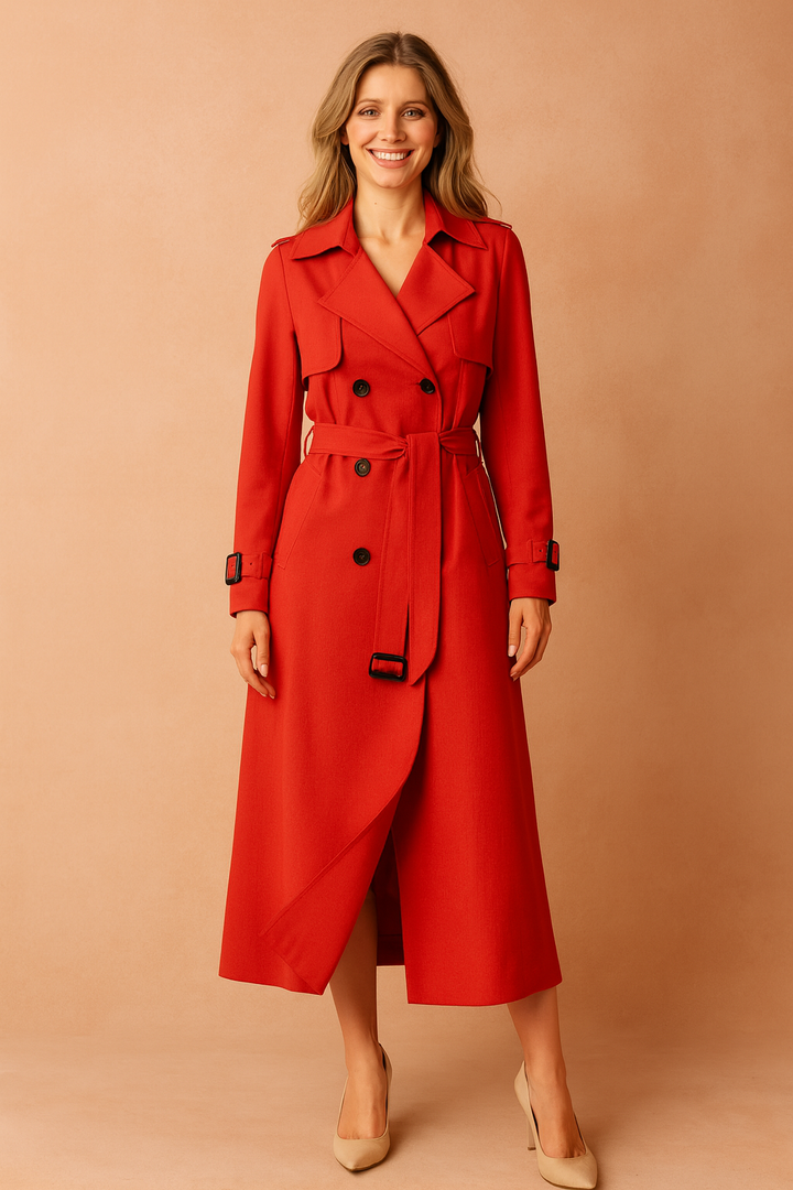 Fashionable women's belted trench coat with wide lapel. Essential long outerwear for elegant fall & spring casual wear.