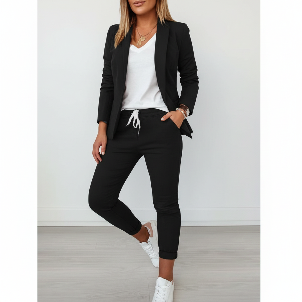 Black fashion set for women featuring a smart blazer and comfortable trousers, versatile workwear