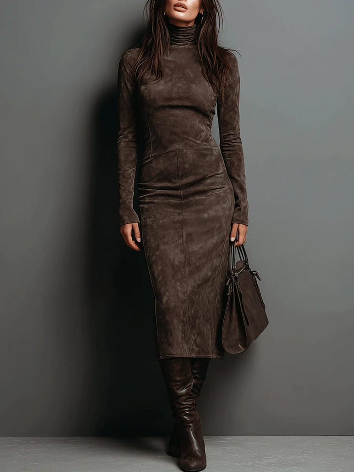 Elegant women's black bodycon midi dress, perfect for semi-formal events & evening wear. Flattering long sleeve fit.