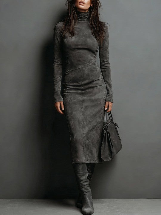 Sophisticated women's turtleneck long sleeve bodycon midi dress for cocktails & occasion wear. Elegant fitted design.