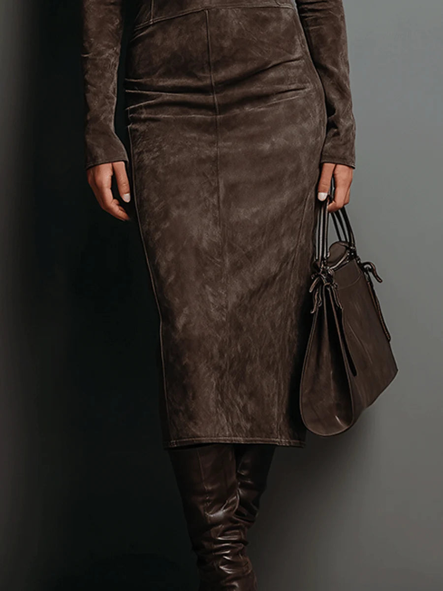 Women's fitted long sleeve bodycon midi dress in a sophisticated style. Elegant design for semi-formal & evening events.