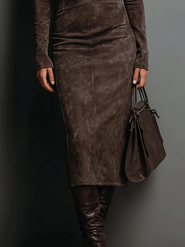 Women's fitted long sleeve bodycon midi dress in a sophisticated style. Elegant design for semi-formal & evening events.