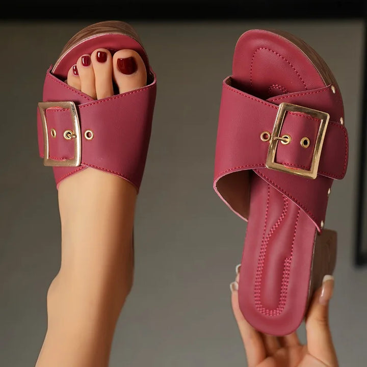 Stylish women's casual heels: block heel slides with an elegant buckle, comfortable.