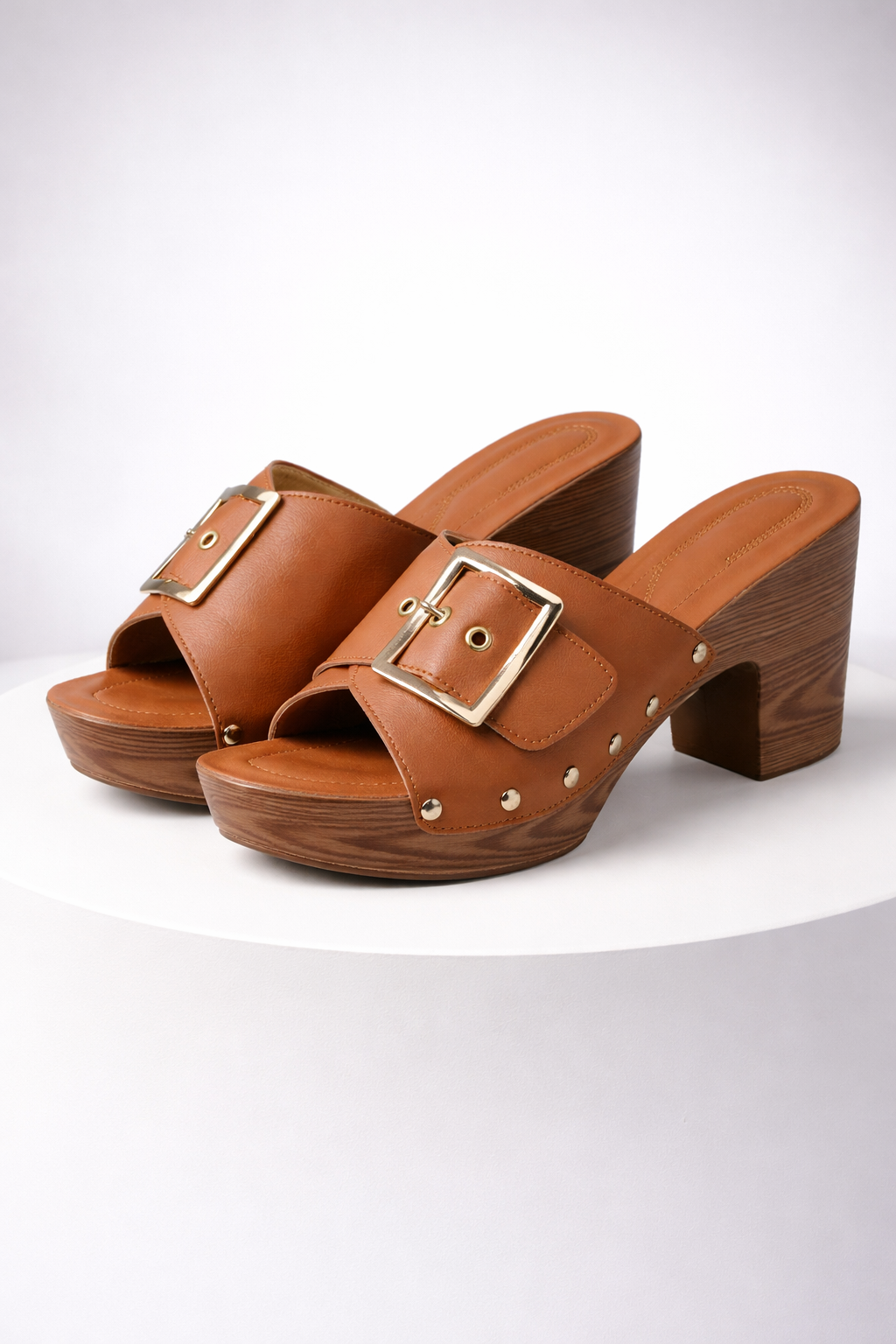 Fashion-forward women's elegant buckle block heel slides, ideal for a chic look.