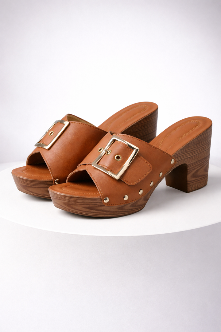 Fashion-forward women's elegant buckle block heel slides, ideal for a chic look.