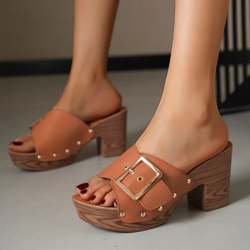 Chic women's dress shoes: slip-on buckle block heel slides with a comfortable design.