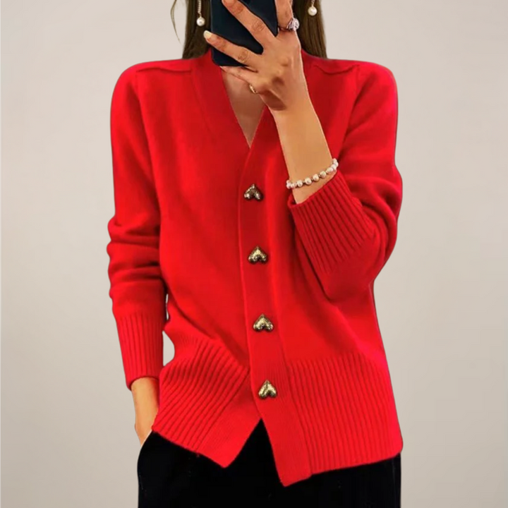 Stylish red women's long sleeve cardigan with gold heart buttons, a comfortable layering essential for any season.