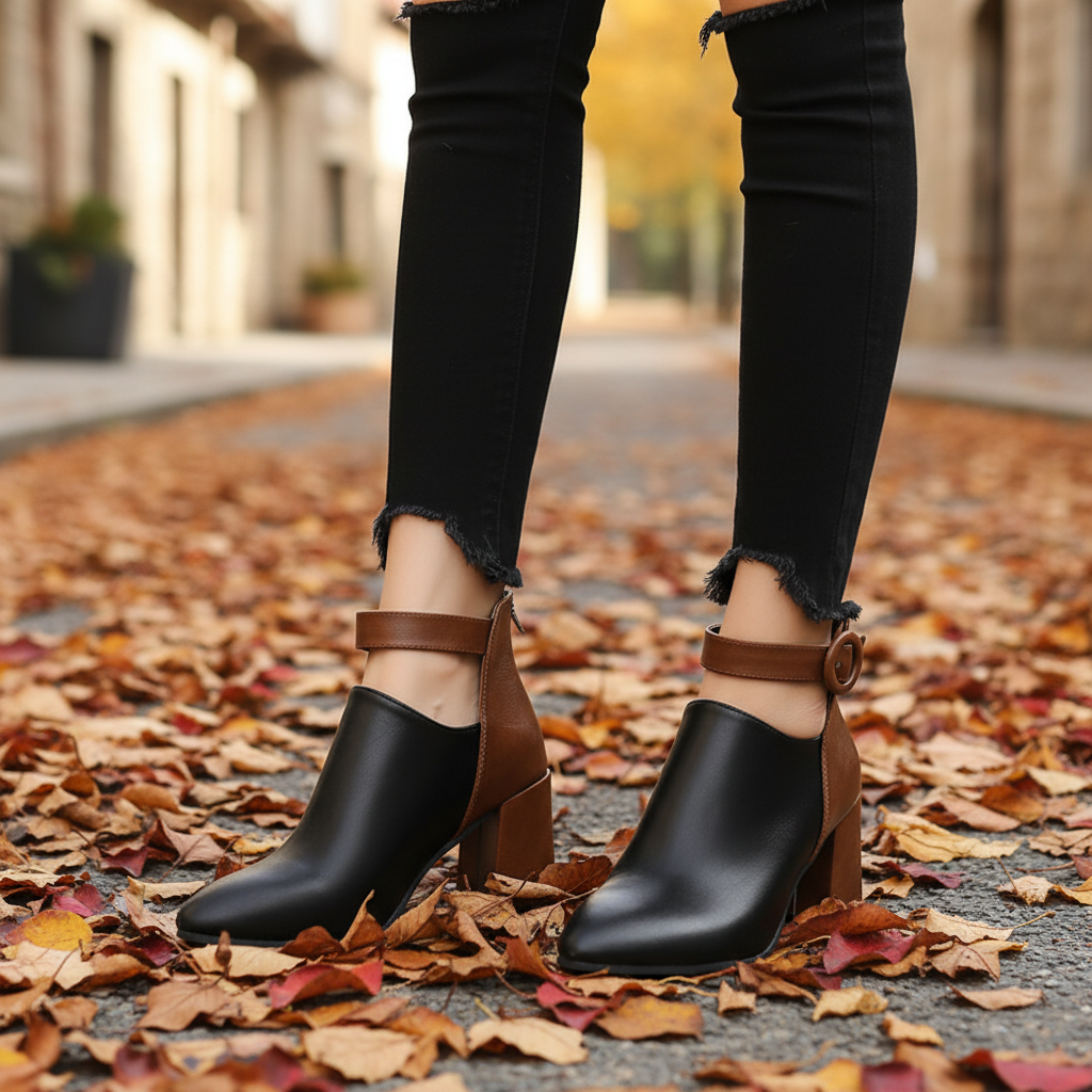 Elegant women's black faux leather ankle boots with block heel, perfect for autumn fashion.