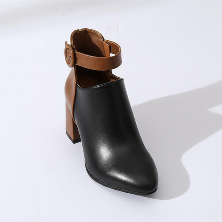 Christina women's elegant faux leather ankle boots with a stylish block heel, great for autumn outfits.