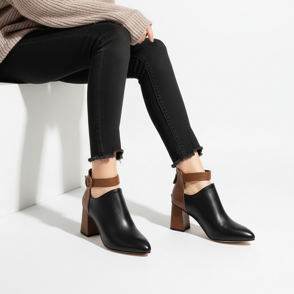 Chic women's faux leather ankle boots, two-tone design, block heel, comfortable elegant footwear.