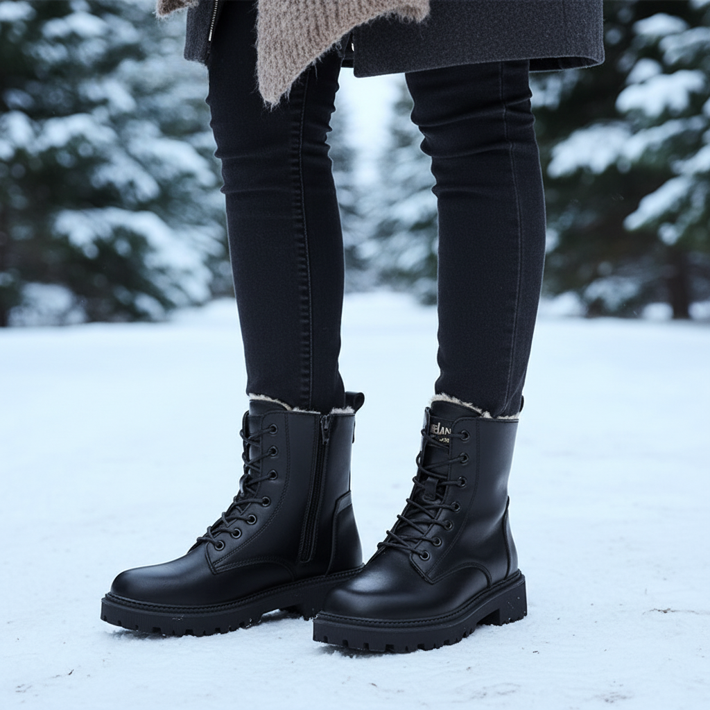 Elegant women's black faux leather winter boots, insulated, non-slip sole, classic style