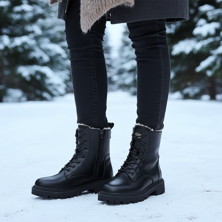 Elegant women's black faux leather winter boots, insulated, non-slip sole, classic style