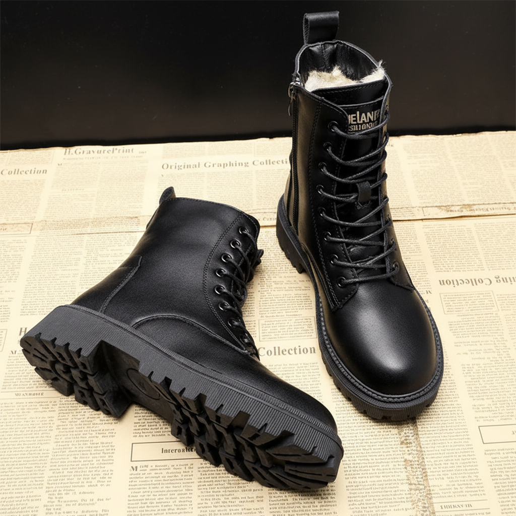 Close-up of black faux leather women's winter boots with non-slip sole and insulation