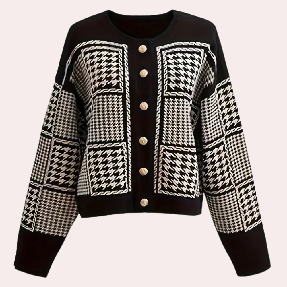 Stylish women's black houndstooth cardigan. A chic, classic long-sleeve layering piece for elegant autumn fashion.