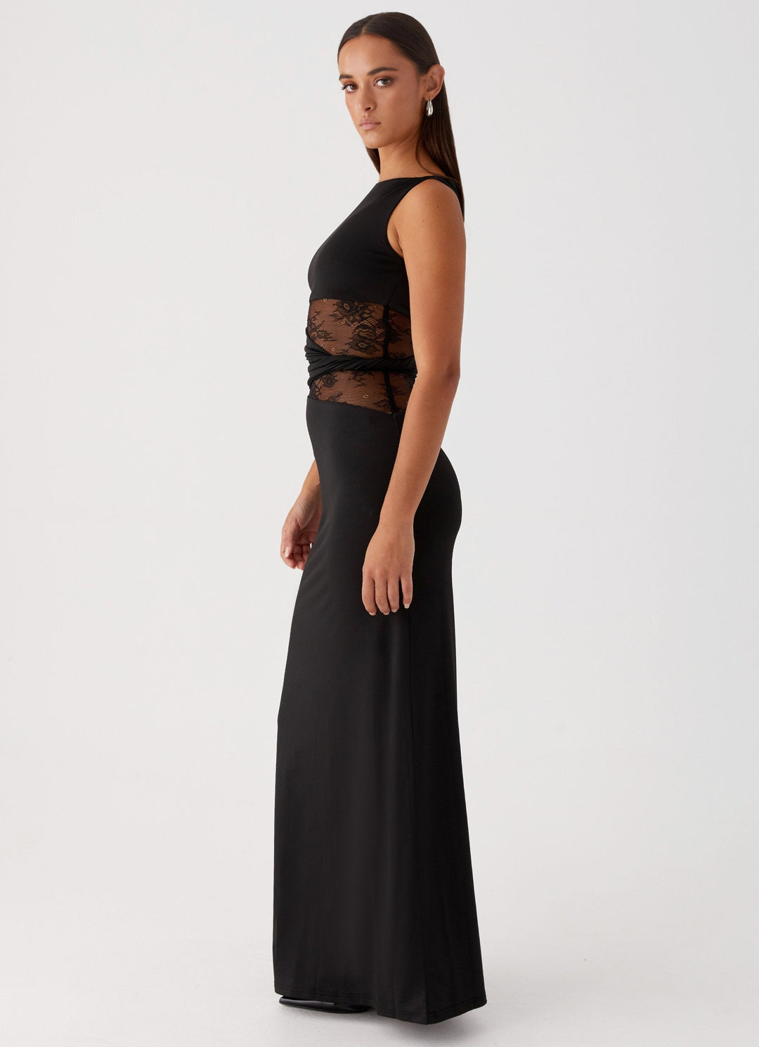 Sophisticated white boat neck lace maxi dress, ideal for special occasion parties and formal evenings.