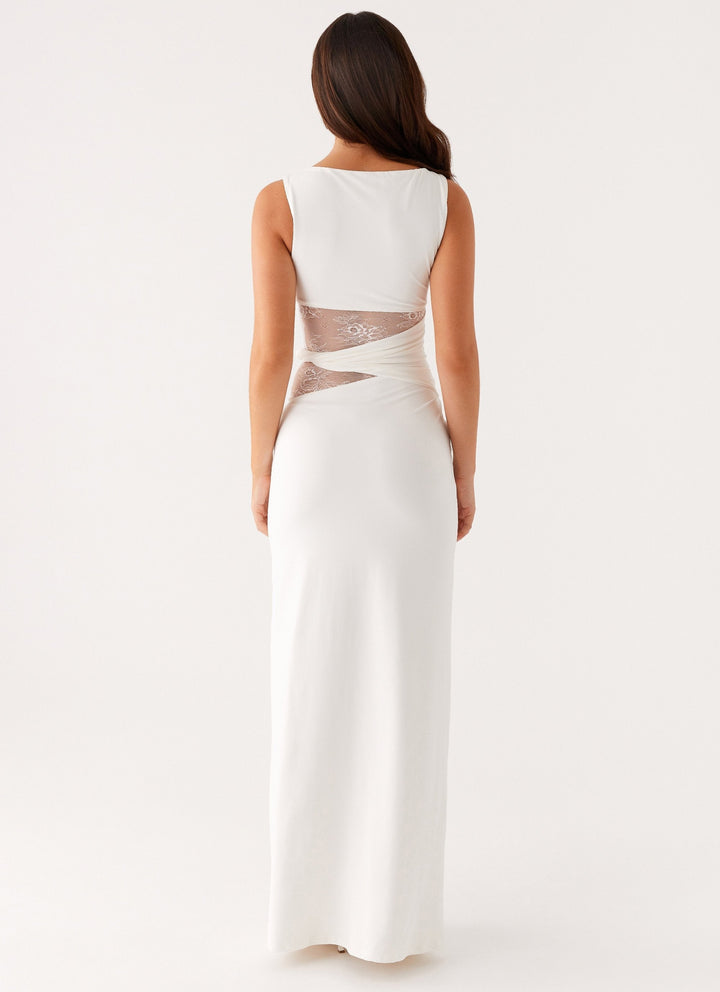 Detailed black lace cut out maxi dress, elegant boat neck formal gown for women's special occasions.
