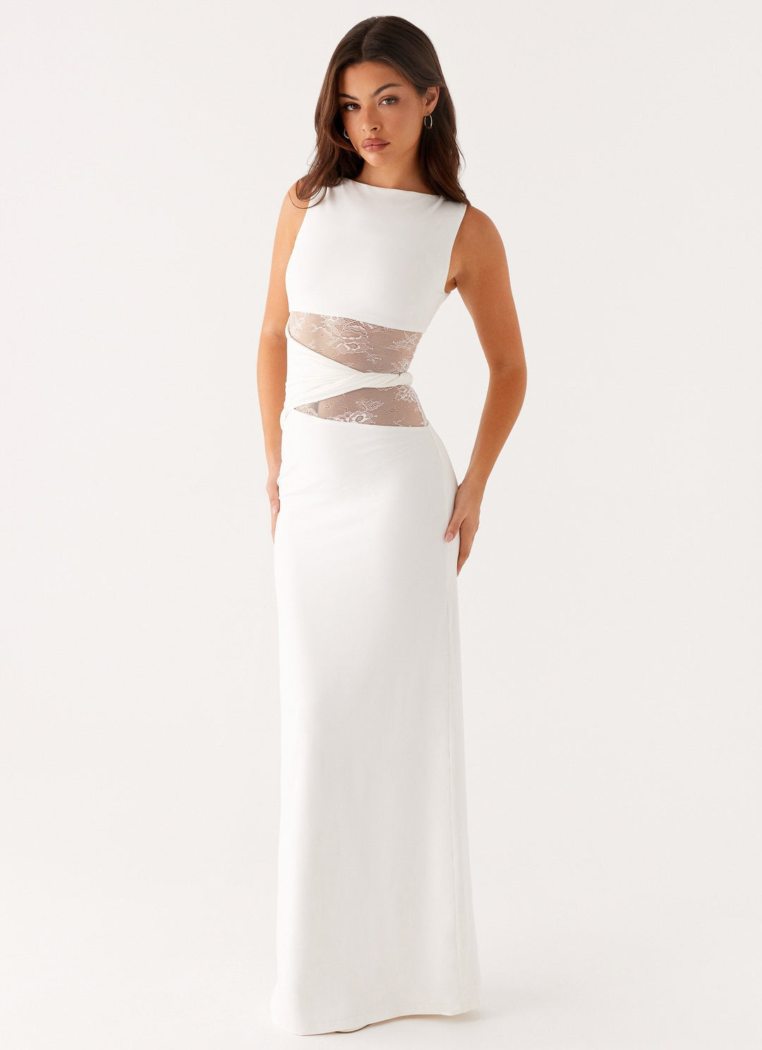 Elegant women's boat neck lace cut out maxi dress, a sophisticated sleeveless formal evening gown.