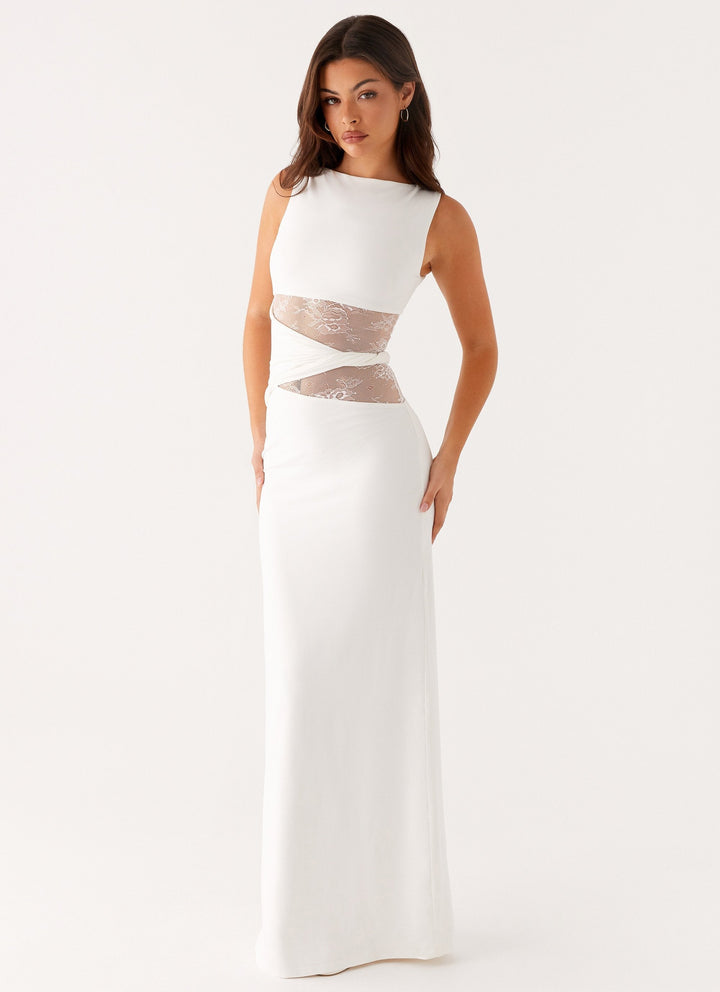 Elegant women's boat neck lace cut out maxi dress, a sophisticated sleeveless formal evening gown.