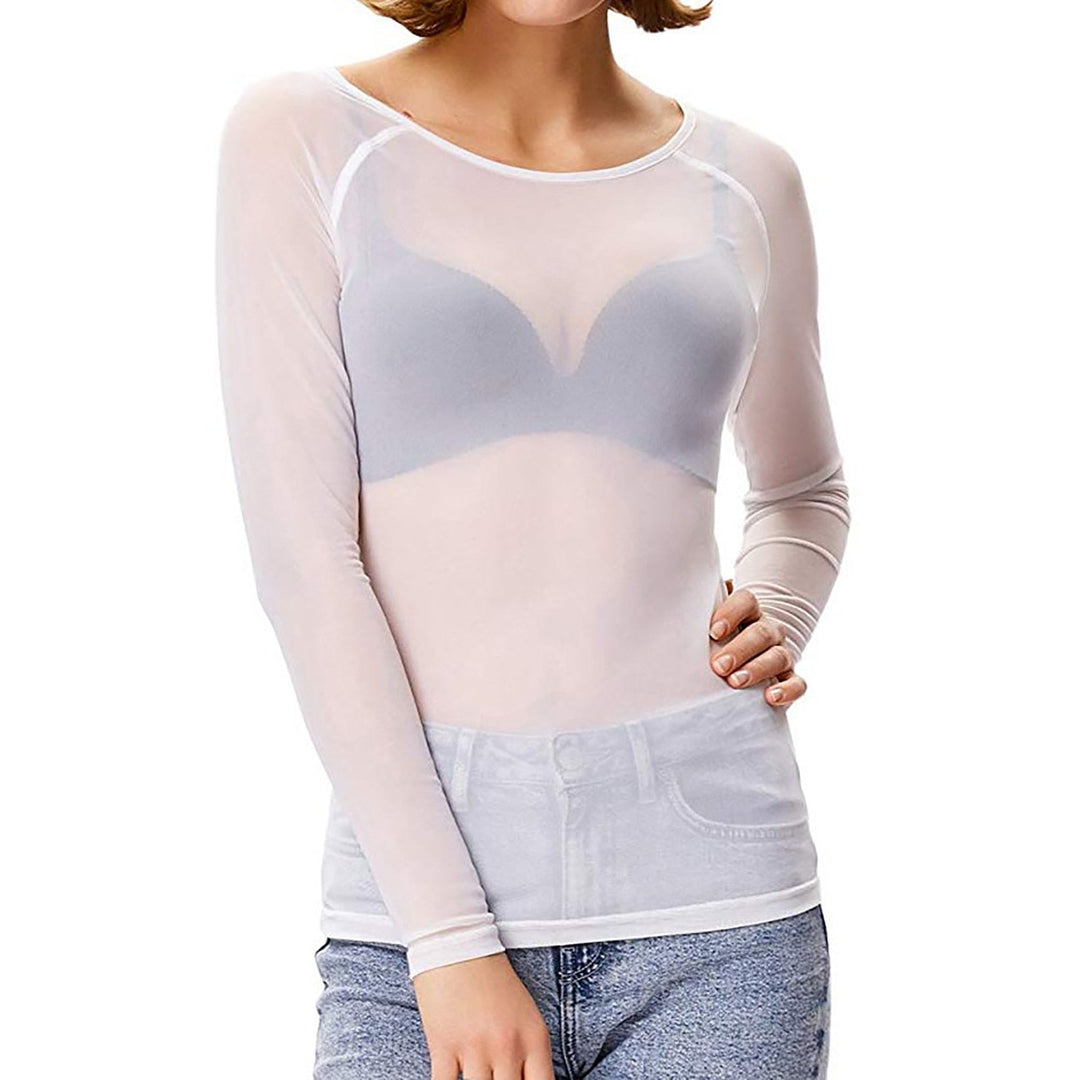 Sophisticated Women's Sheer Mesh Long Sleeve Evening Top with round neck, ideal for elegant party outfits.