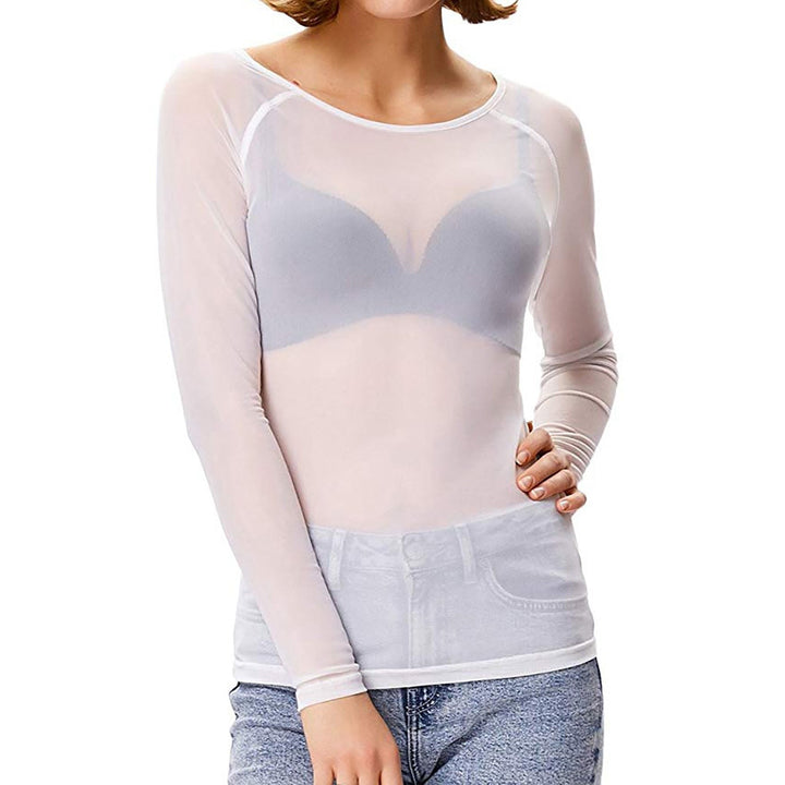 Sophisticated Women's Sheer Mesh Long Sleeve Evening Top with round neck, ideal for elegant party outfits.