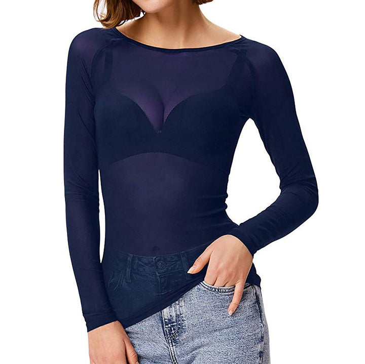 Stylish Women's Blue Sheer Mesh Long Sleeve Top for evening wear. Elegant and dressy, suitable for parties.