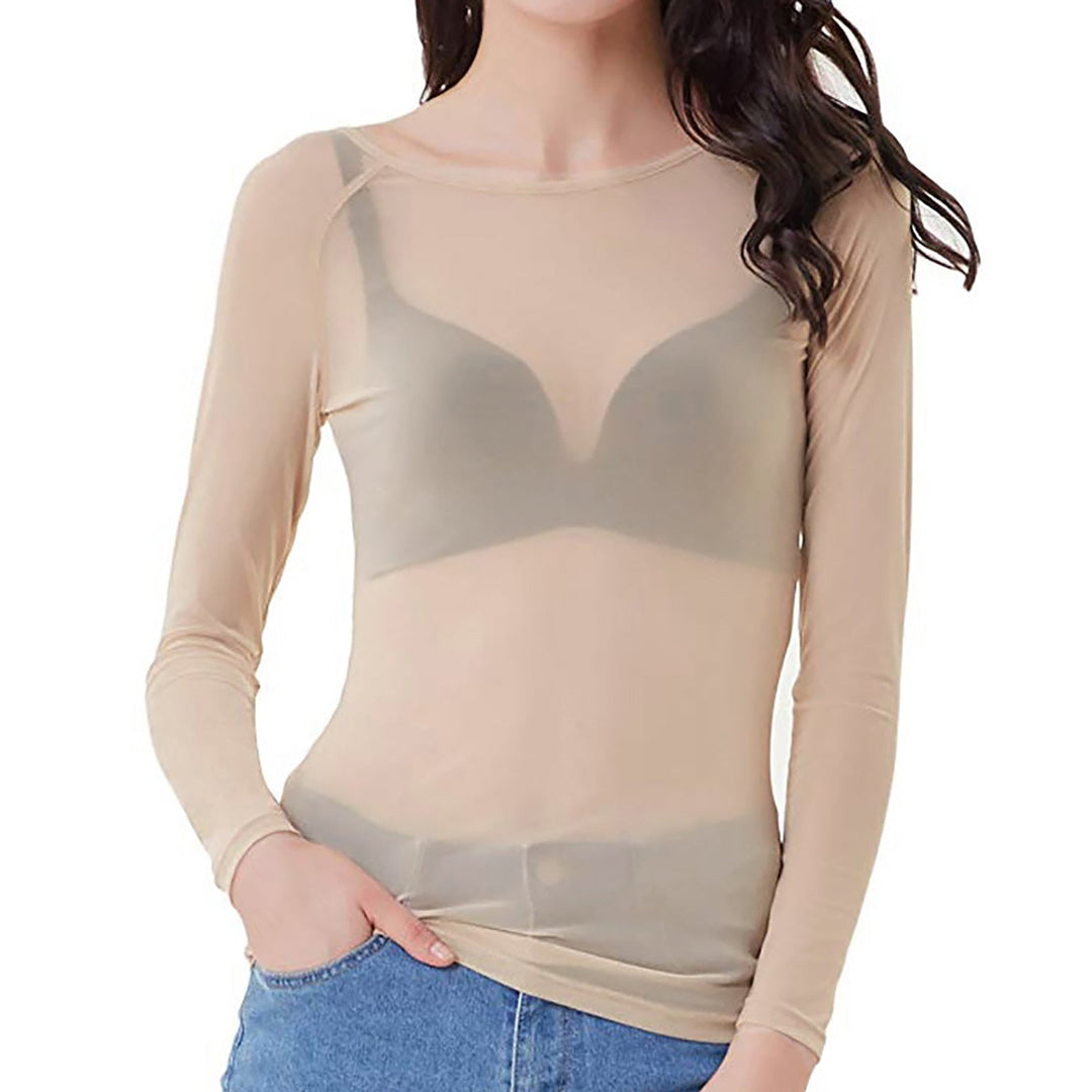 Women's Cream Sheer Long Sleeve Evening Top. A sophisticated, dressy mesh top for special occasion fashion.