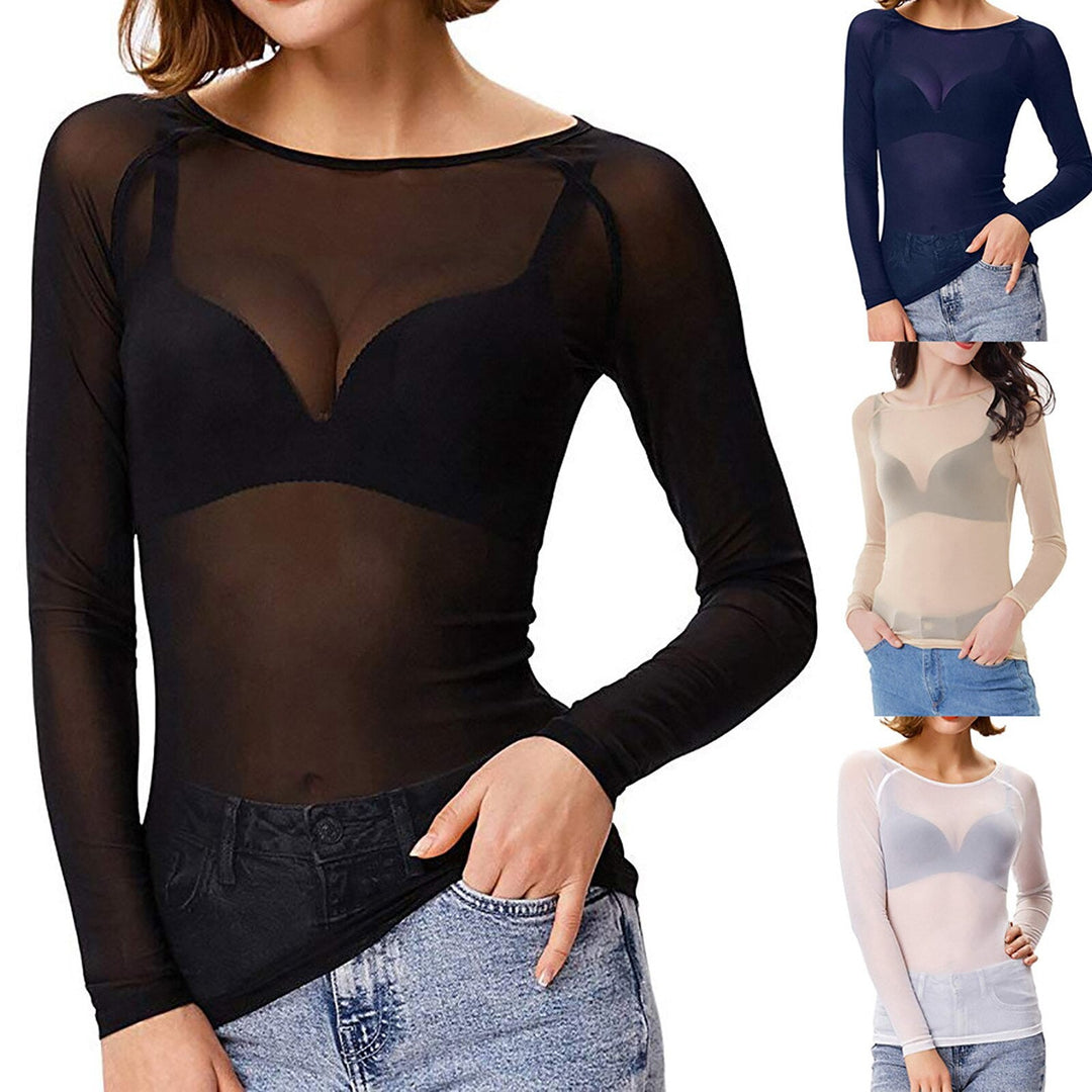 Women's Elegant Sheer Mesh Long Sleeve Evening Top. A sophisticated round neck party outfit.