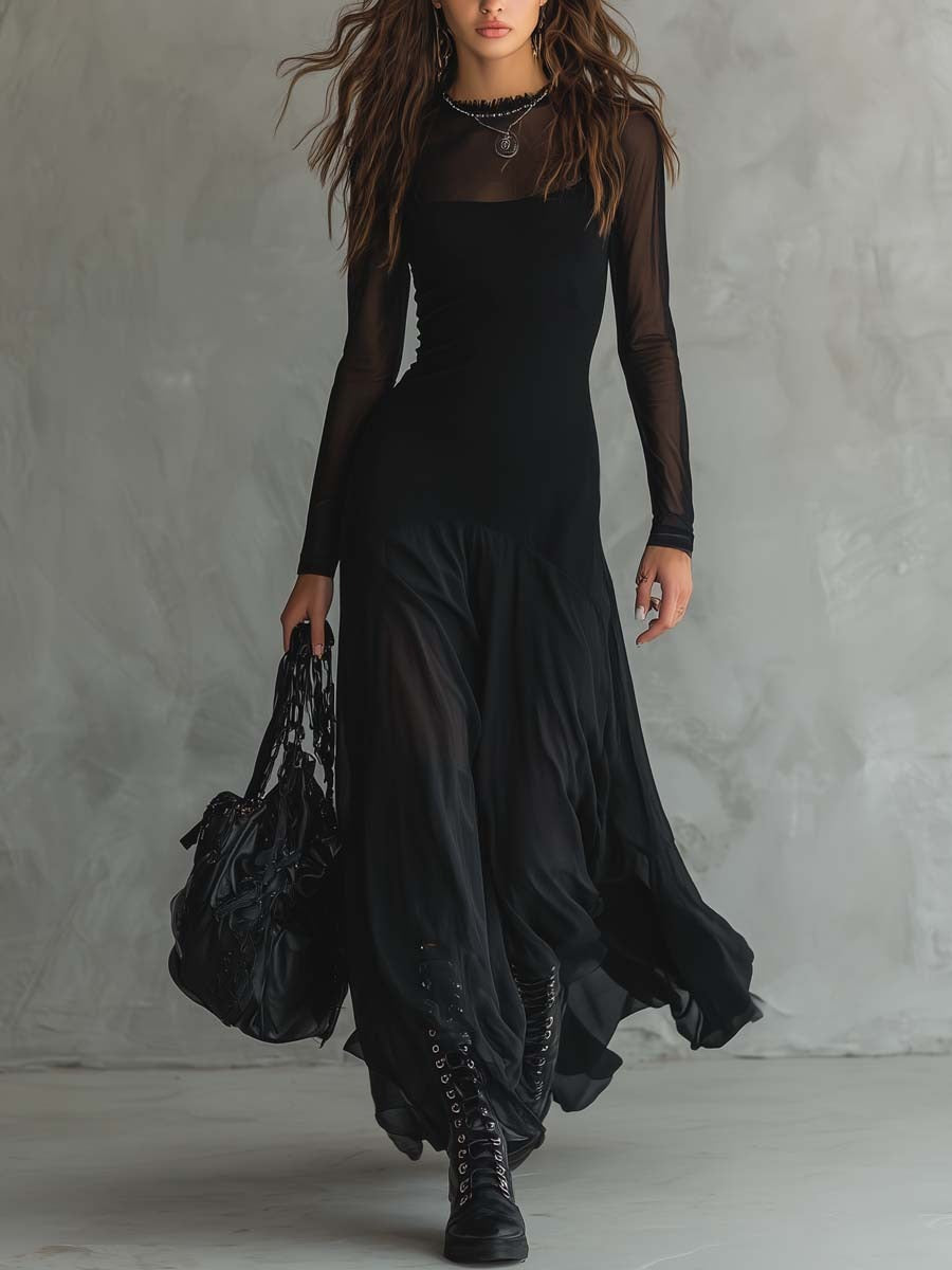 Elegant women's black maxi dress with flowy fabric, perfect for evening events & special occasions. Versatile & comfortable.