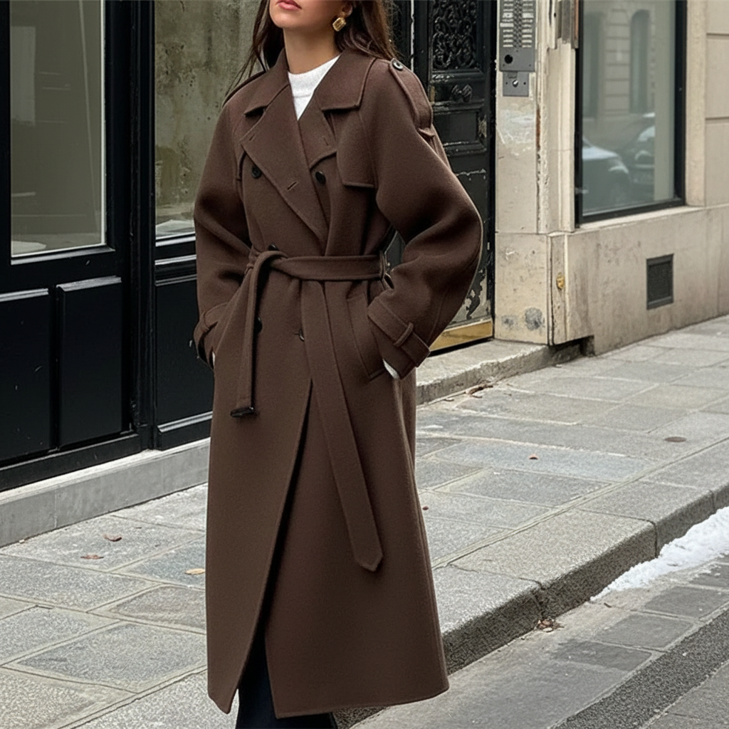 Elegant women's black maxi winter coat with waist belt, perfect for fashionable outerwear