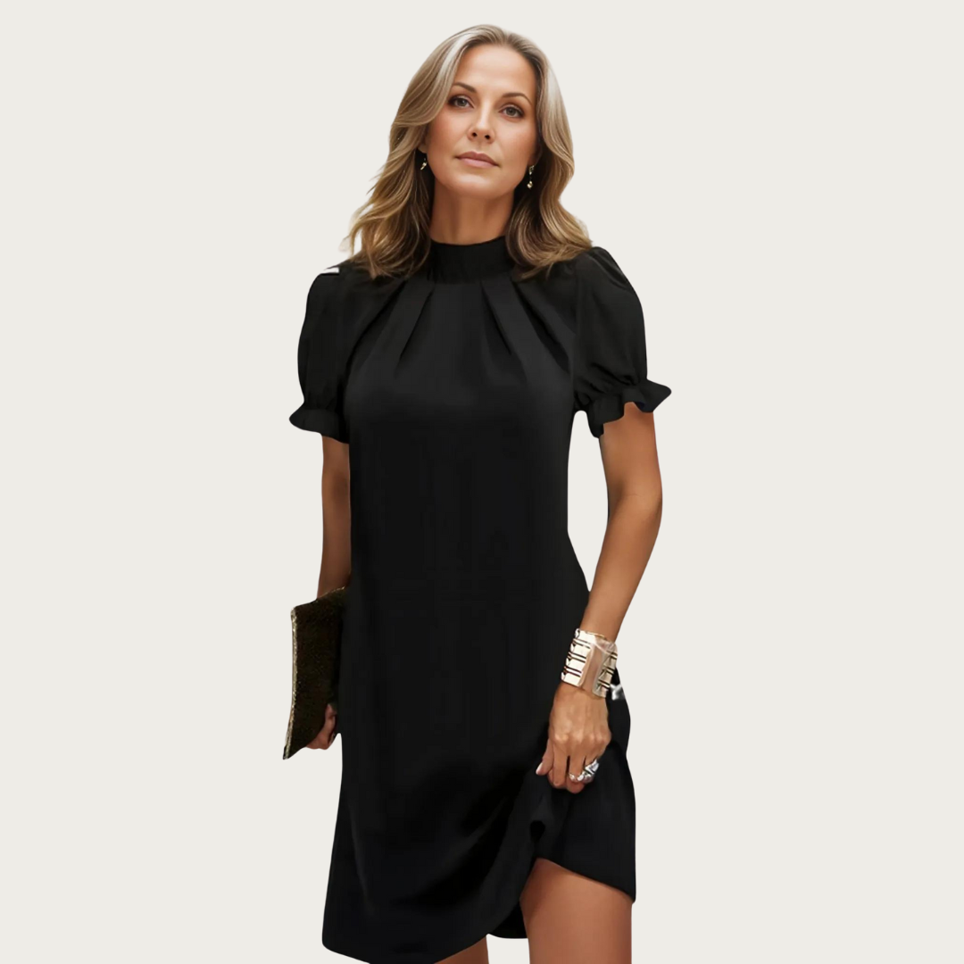 Elegant women's black midi evening dress with stylish puff sleeves, perfect for special occasions & cocktail parties.