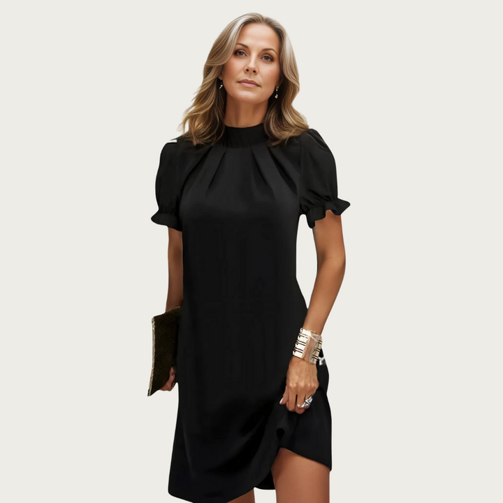 Elegant women's black midi evening dress with stylish puff sleeves, perfect for special occasions & cocktail parties.