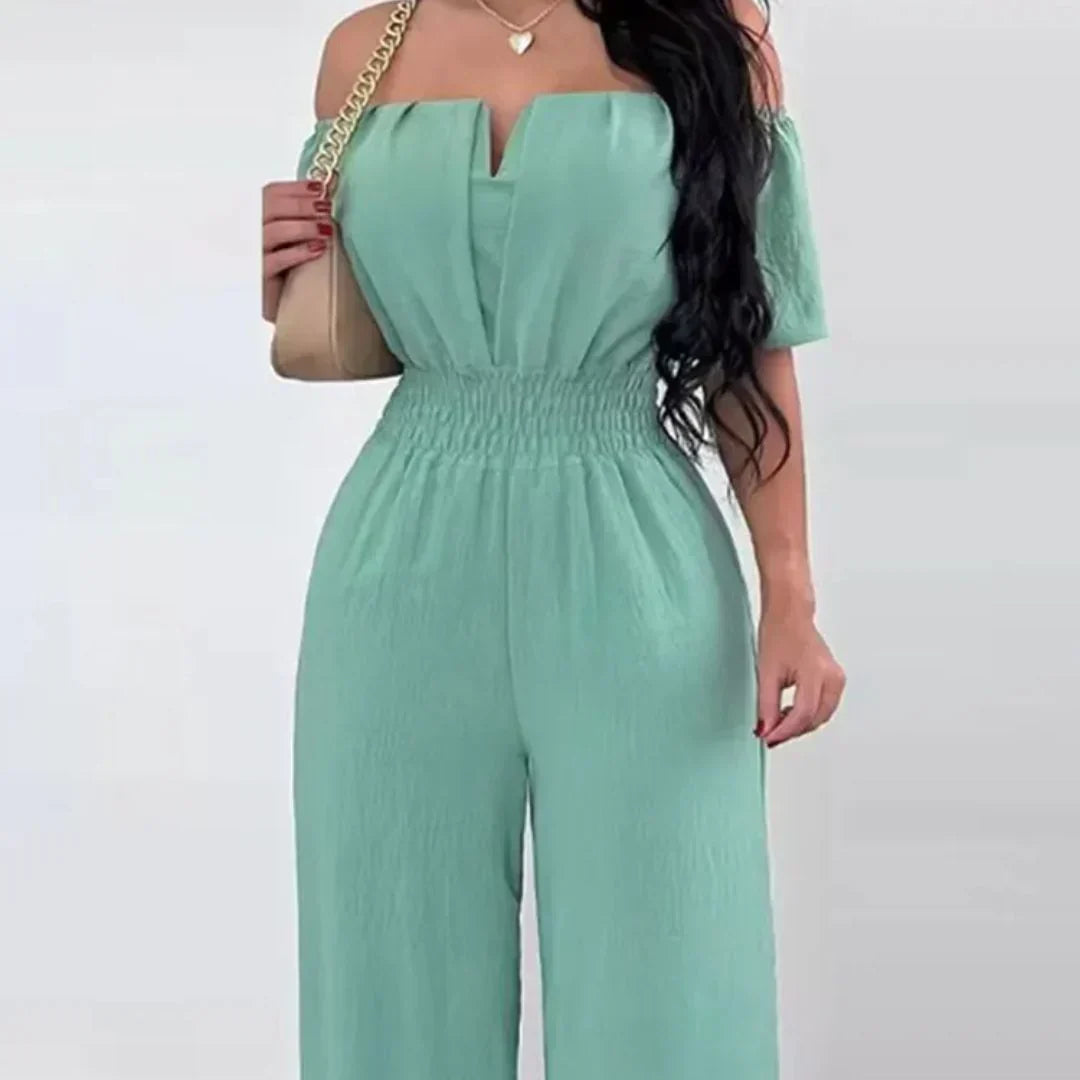 Casual off-shoulder short sleeve jumpsuit for women, perfect for a chic summer holiday outfit.