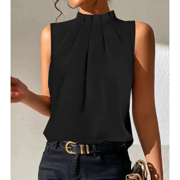 Elegant women's black pleated top, perfect for versatile casual wear or professional office outfits. Stylish and comfortable.