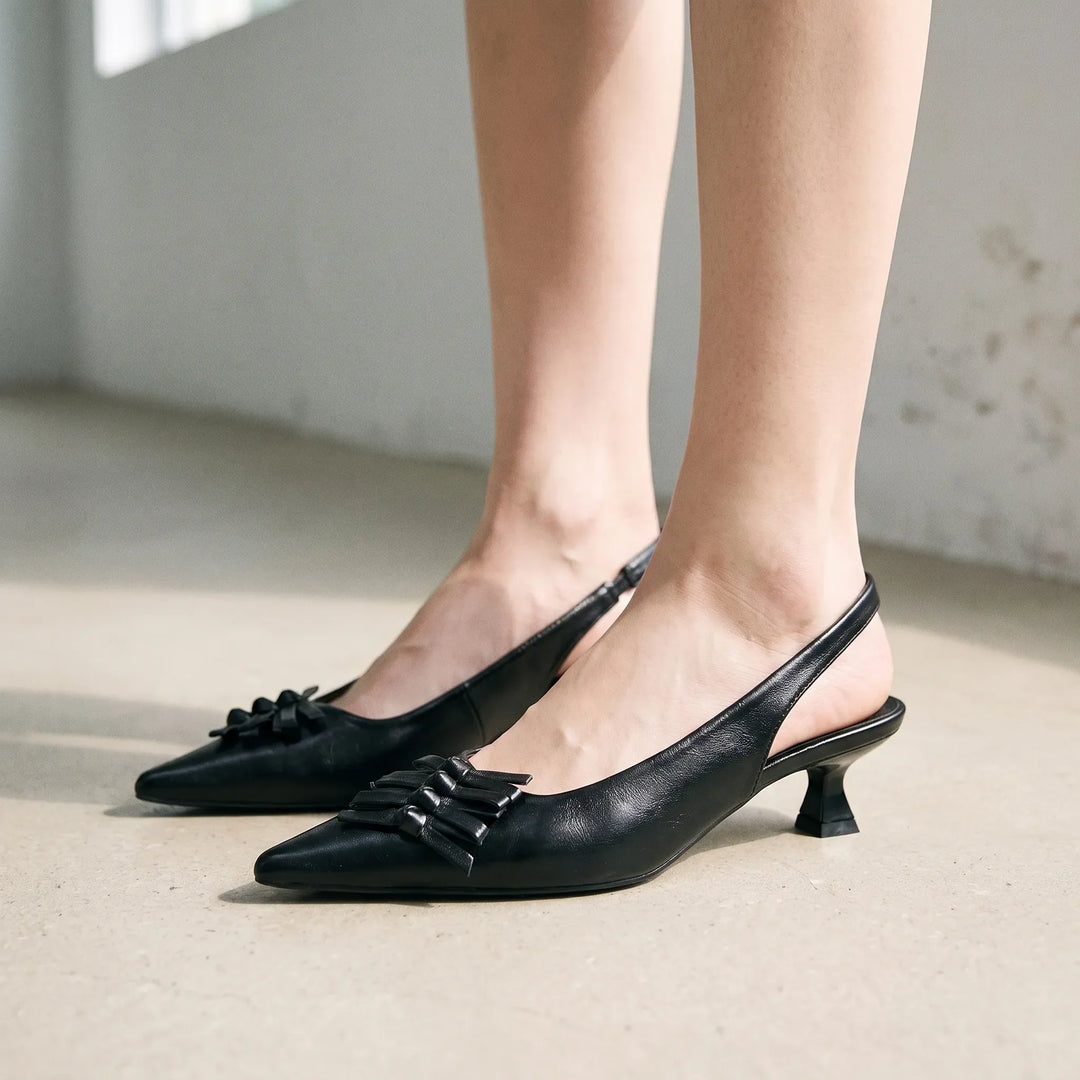 Elegant women's black pointed toe slingback kitten heels, ideal for dress shoes, office wear & formal events.