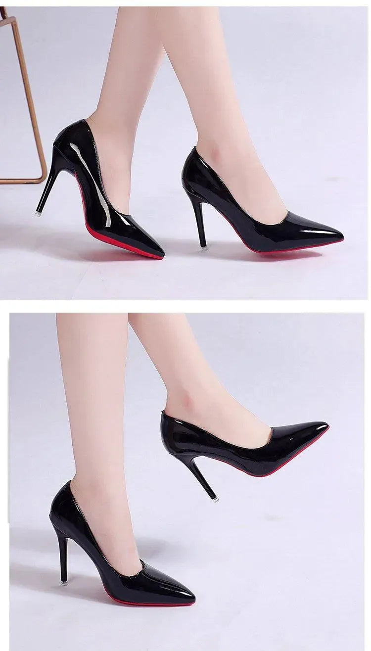 Pointed-toe stiletto pumps, women's elegant footwear with versatile heel heights in black.