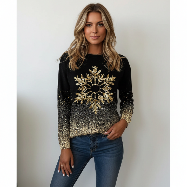 Cozy long sleeve black snowflake print sweater for women, a casual yet elegant winter top.