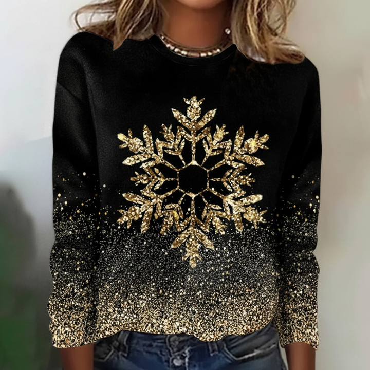 Women's loose fit black polyester blend sweater featuring a beautiful snowflake design.