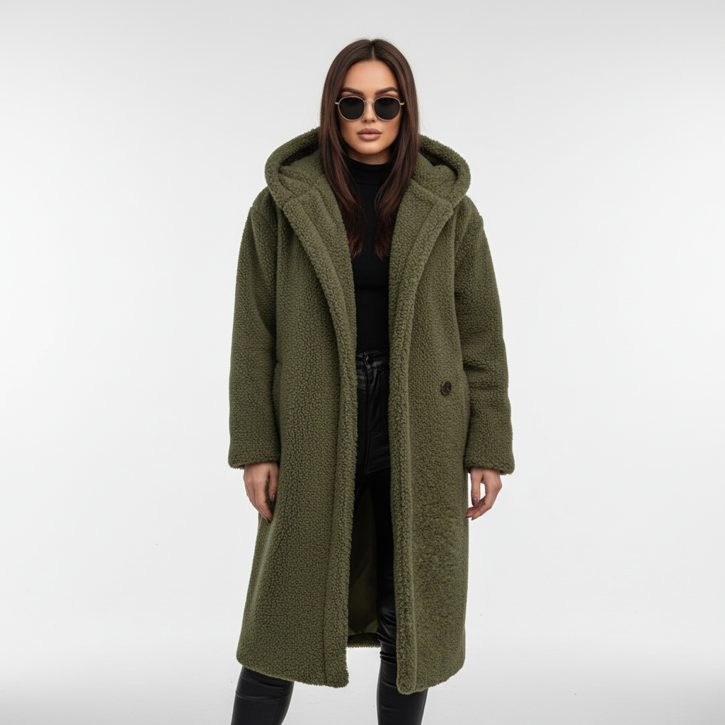 Side view of a sophisticated women's trench coat, showcasing its elegant silhouette and design