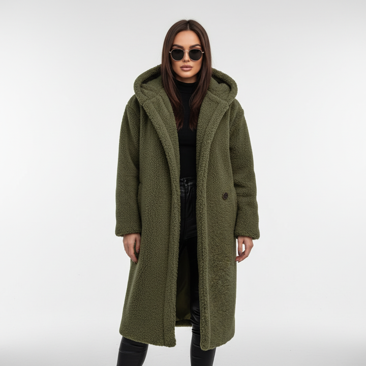 Side view of a sophisticated women's trench coat, showcasing its elegant silhouette and design