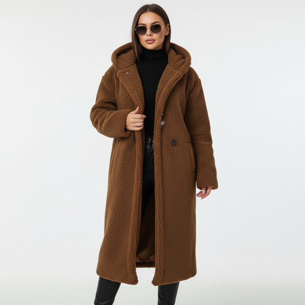 Back view of an elegant women's winter coat, highlighting its tailored fit and stylish appeal