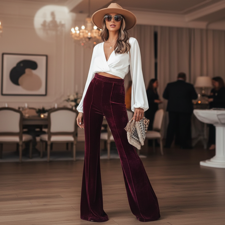 Elegant women's black velvet flared trousers with elastic waist, perfect for autumn winter fashion.