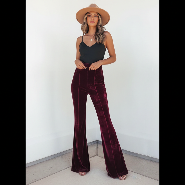 Comfortable high-waisted velvet flared pants for women, stylish and chic for any occasion.