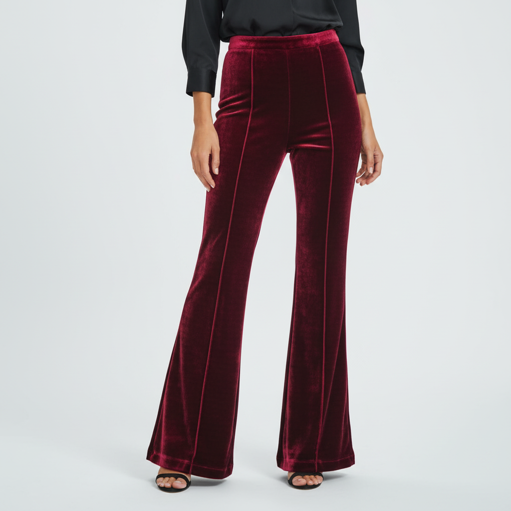 Close-up of the soft velvet fabric of women's flared pants, showcasing quality and texture.