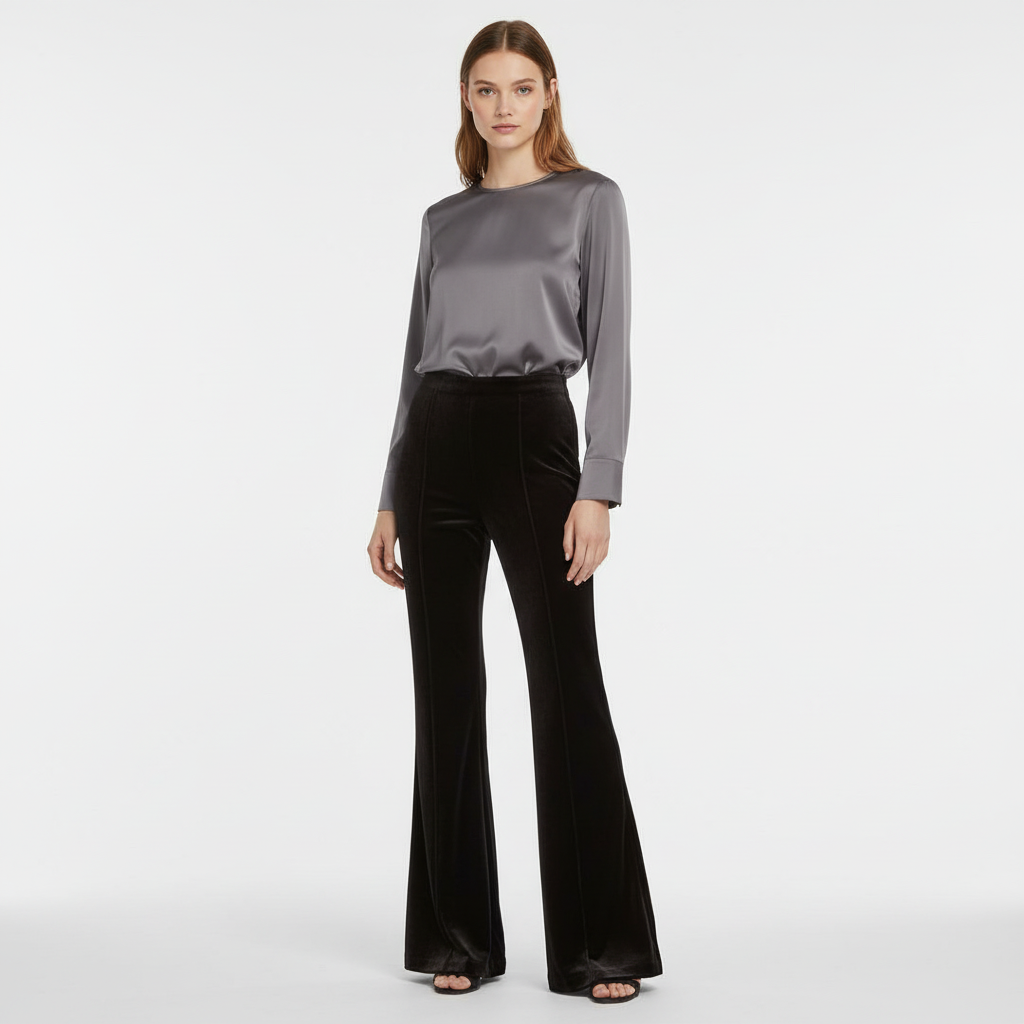 Casual chic women's velvet flared trousers with elastic waist, ideal for versatile styling.