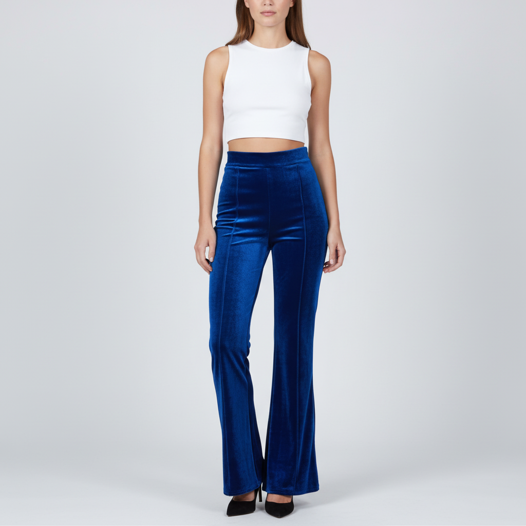 Fashionable women's formal velvet flared pants, offering comfort with an elastic waist.