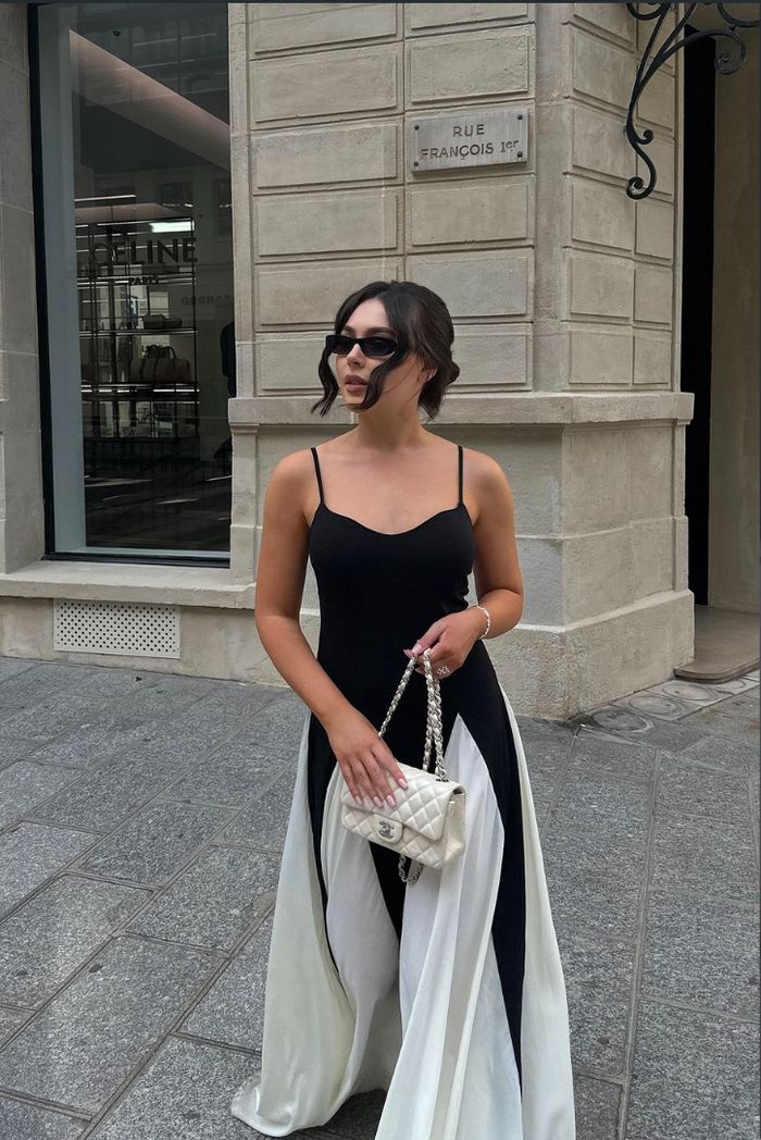 Sophisticated Black & White Contrast Maxi Evening Dress. Women's formal wear for wedding guests.