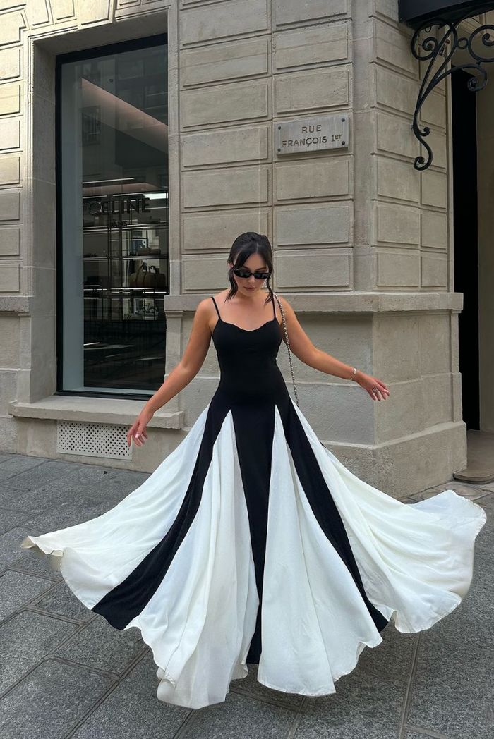 Stunning Women's Black and White Wedding Guest Maxi Dress. Elegant sleeveless formal evening gown.