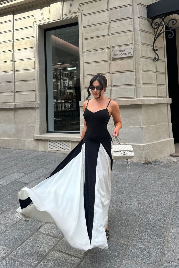 Women's Formal Black and White Evening Maxi Dress. Elegant contrast design, perfect for wedding guests.