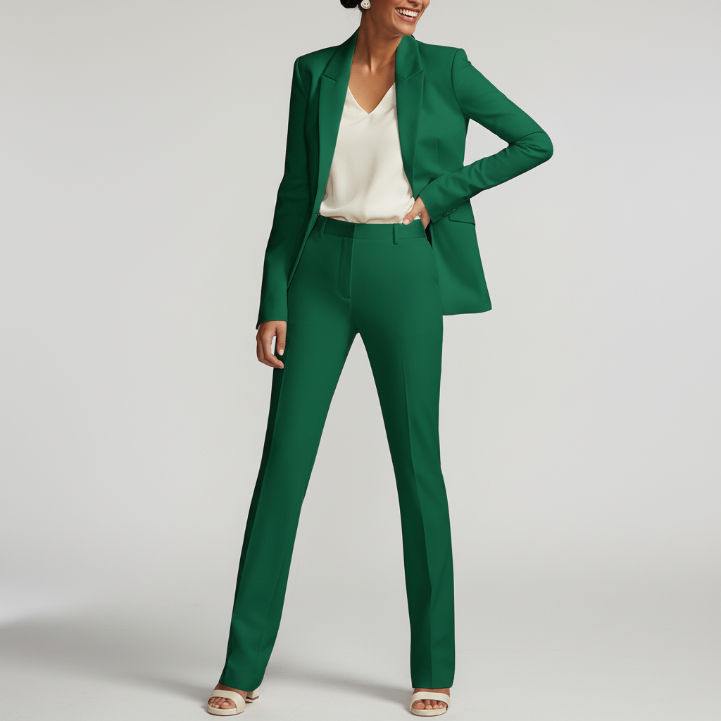 Elegant women's blazer & slim trousers set in black, perfect for business or formal wear.